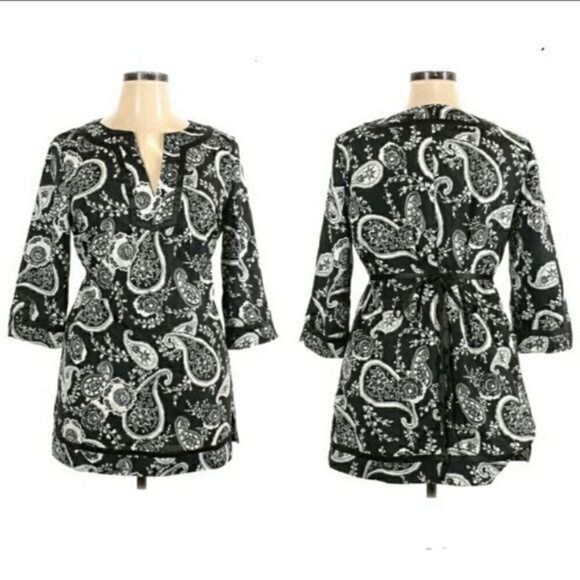 Rochas Paris Tunic Top Split Neck Long Sleeve Paisley Print Tie Waist Blk Sz XL - Picture 1 of 11